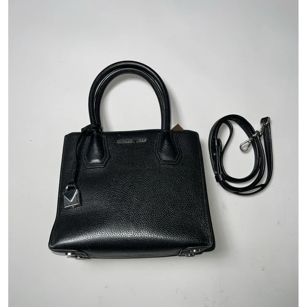 Michael Kors Black Pebbled Leather Satchel Top Handle Detachable Strap Zip